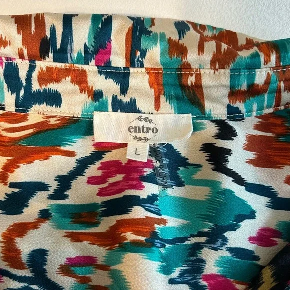 Entro Midi Dress Women Size L Multicolor Abstract Ikat Tiered Elastic Waist - Picture 3 of 7